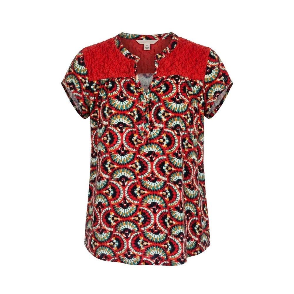 Soft Surroundings Geometric Fan Print Smocked Shoulder Split Neck Top Red XL